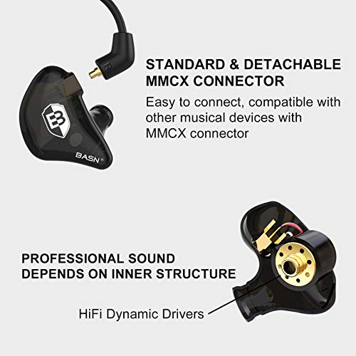 BASN in Ear Monitor Headphones for Musicians, Bsinger 2nd Generation Sound Isolating Earphones with Dual Dynamic Drivers Detachable MMCX Cable (Black)