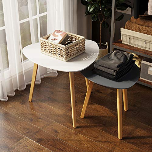 BAMEOS Bamboo Nesting Triangle End Table,Set of 2 Coffee Table Modern Minimalist Side Table for Living Room, Balcony in White & Grey