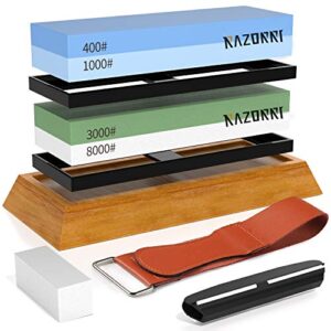 razorri knife sharpening stone kit, double-sided 400/1000 and 3000/8000 grit whetstones, flattening stone, leather strop, and angle guide included, sharpen and polish any metal blade (flat base)