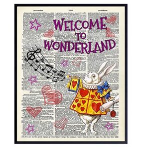 alice wonderland art print - white rabbit upcycled dictionary wall art poster for nursery, kids, boys, girls room - great baby shower gift - 8x10 unframed photo
