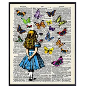 alice wonderland upcycled dictionary wall art - vintage style art poster and great gift or home decor for kids or girls room, nursery, baby room - 8x10 unframed print