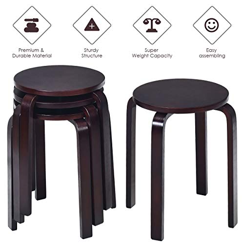 COSTWAY Stackable Bentwood Stools Set of 4, 18-Inch Height Backless Counter Chairs with Round Top, Anti-Slip Felt Pad, Portable School Stool for Dining Room, Kitchen, Classroom, Dark Coffee