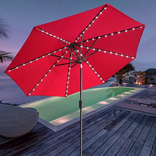 EliteShade USA 10-Year-Non-Fading Sunumbrella Solar 9ft Market Umbrella with 80 LED Lights Patio Umbrellas Outdoor Table Umbrella with Ventilation, Logo Red