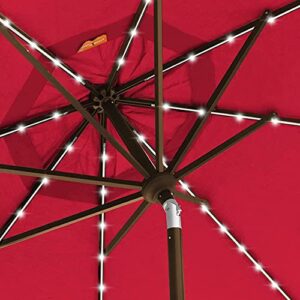 EliteShade USA 10-Year-Non-Fading Sunumbrella Solar 9ft Market Umbrella with 80 LED Lights Patio Umbrellas Outdoor Table Umbrella with Ventilation, Logo Red