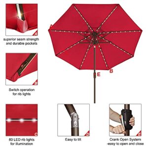 EliteShade USA 10-Year-Non-Fading Sunumbrella Solar 9ft Market Umbrella with 80 LED Lights Patio Umbrellas Outdoor Table Umbrella with Ventilation, Logo Red