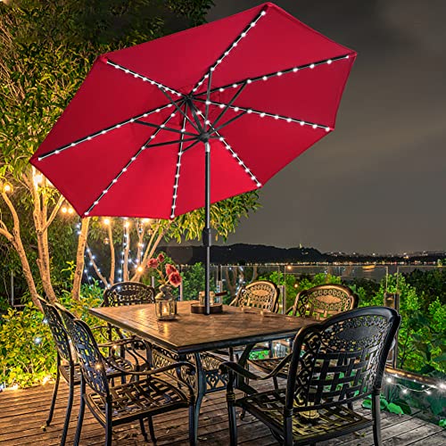 EliteShade USA 10-Year-Non-Fading Sunumbrella Solar 9ft Market Umbrella with 80 LED Lights Patio Umbrellas Outdoor Table Umbrella with Ventilation, Logo Red