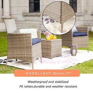 LOKATSE HOME 3 Piece Patio Bistro Set for Porch Outdoor Furniture PE Rattan Wicker Conversation Chairs with Coffee Table, Blue Cushions