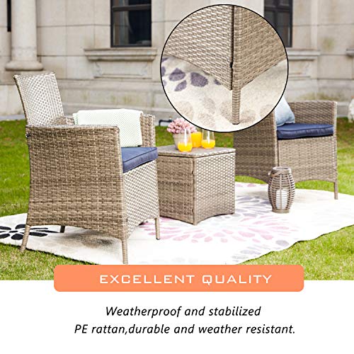 LOKATSE HOME 3 Piece Patio Bistro Set for Porch Outdoor Furniture PE Rattan Wicker Conversation Chairs with Coffee Table, Blue Cushions