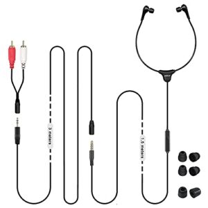 simolio anti-dropping wired tv earphone with volume control, extra long cord headphone with mic for tv, pc, rca & 3.5mm cable included, 14.9ft extension cable earphone, extra soft ear tips, sm-901tv