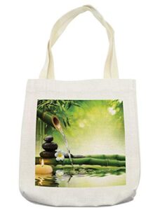 ambesonne spa tote bag, meditation and picture of bamboo stalks candle and basalt stones theraphy relaxing, cloth linen reusable bag for shopping books beach and more, 16.5" x 14", cream