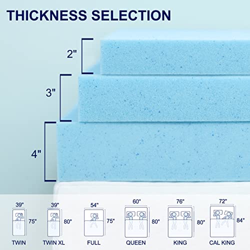 subrtex 3 Inch Memory Foam Mattress Topper Ventilated Gel Infused Bed Foam Topper, CertiPUR-US Certified, Twin, Blue