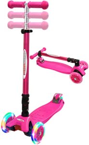 chromewheels scooters for kids, deluxe kick scooter foldable 4 adjustable height 132lbs weight limit 3 wheel, lean to steer led light up wheels, best gifts for girls boys age 3-12 year old, pink