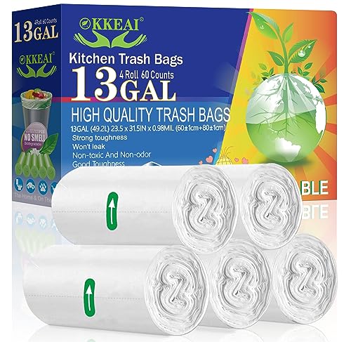 OKKEAI 50L Large Garbage Bag 13 Gallon Trash Bags for Kitchen,Home,White,60 Count