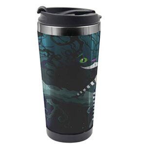 ambesonne alice in wonderland travel mug, alice sitting on branch and chescire cat in darkness cartoon style, steel thermal cup, 16 oz, dark green