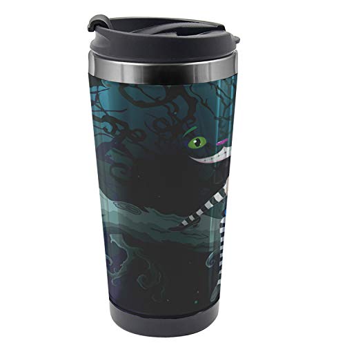 Ambesonne Alice in Wonderland Travel Mug, Alice Sitting on Branch and Chescire Cat in Darkness Cartoon Style, Steel Thermal Cup, 16 oz, Dark Green