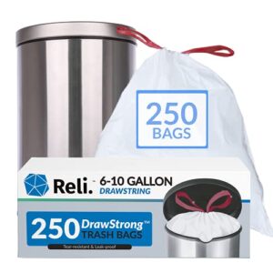 reli. 8-10 gallon trash bags drawstring | 250 count | 22"x23" | 6, 8, 10 gallon drawstring garbage bags | white trash can liners | small - medium bags