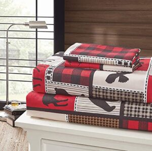 4-piece queen-size bed sheet set - lodge life - lodge themed bedding by virah bellah - red, black