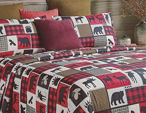 4-Piece Queen-Size Bed Sheet Set - Lodge Life - Lodge Themed Bedding by Virah Bellah - Red, Black