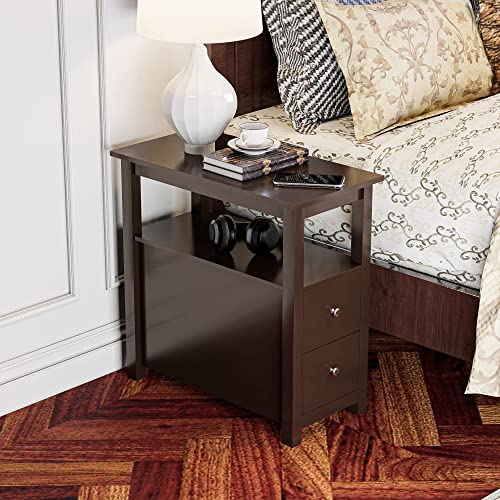 ZENY Side Table Set of 2 Chairside Table Narrow End Table with Storage Shelf and Drawers Small End Table for Bedroom Living Room Kitchen,Wood,Espresso