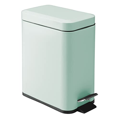 mDesign Small Modern 1.3 Gallon Rectangle Metal Lidded Step Trash Can, Compact Garbage Bin with Removable Liner Bucket and Handle for Bathroom, Kitchen, Craft Room, Office, Garage - Light Mint Green