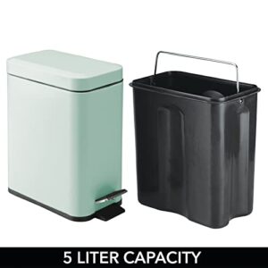 mDesign Small Modern 1.3 Gallon Rectangle Metal Lidded Step Trash Can, Compact Garbage Bin with Removable Liner Bucket and Handle for Bathroom, Kitchen, Craft Room, Office, Garage - Light Mint Green