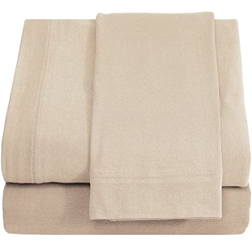 Knit Jersey 100% Cotton 3 PC Twin XL Sheet Set Soft and Comfy - Twin Extra Long, 15" Deep Pocket, 39" x 80" Great for Dorm Room, Hospital and Split King Dual Adjustable Beds - Beige