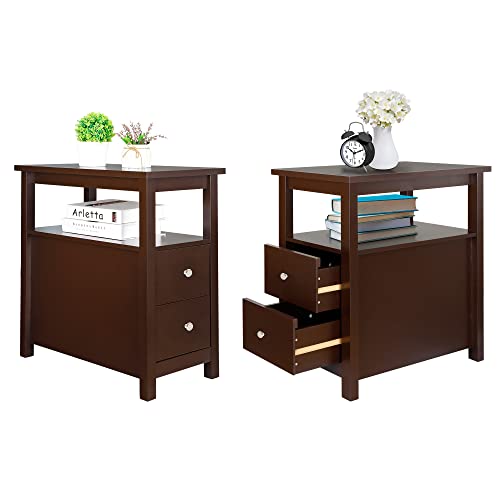 SUPER DEAL Set of 2 End Tables with 2 Drawers and Storage Shelf, 3 Tier Narrow Sofa Couch SideTable for Living Room Bedroom Apartment Small Spaces, Espresso