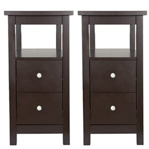 SUPER DEAL Set of 2 End Tables with 2 Drawers and Storage Shelf, 3 Tier Narrow Sofa Couch SideTable for Living Room Bedroom Apartment Small Spaces, Espresso