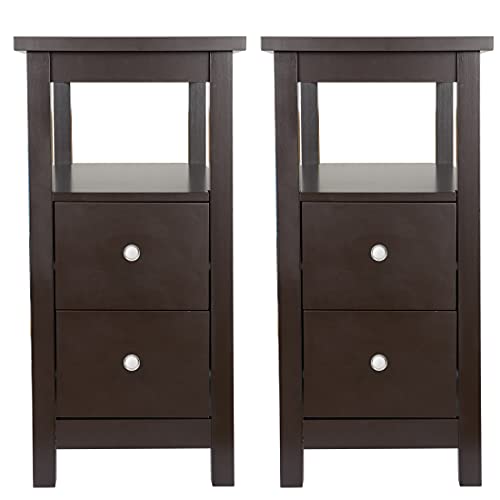SUPER DEAL Set of 2 End Tables with 2 Drawers and Storage Shelf, 3 Tier Narrow Sofa Couch SideTable for Living Room Bedroom Apartment Small Spaces, Espresso