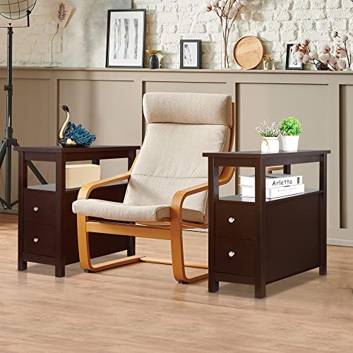 SUPER DEAL Set of 2 End Tables with 2 Drawers and Storage Shelf, 3 Tier Narrow Sofa Couch SideTable for Living Room Bedroom Apartment Small Spaces, Espresso