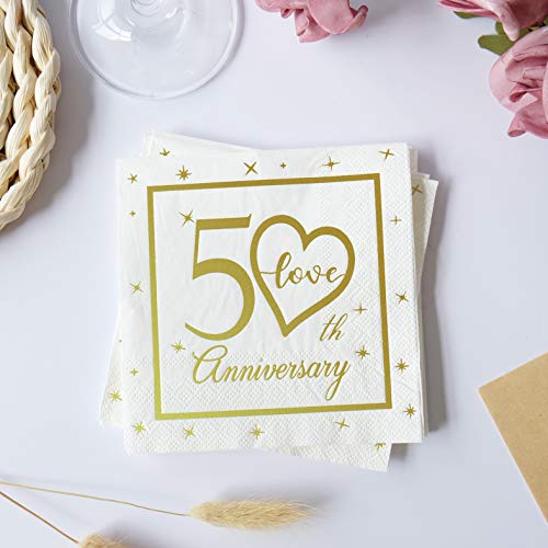 50th Anniversary Cocktail Napkins Gold Foil Print | Golden Wedding Anniversary Celebrations Party Favor Supplies & Decorations | 50-Pack 3-Ply | Folded 5 x 5 Inches Disposable Paper Beverage Napkins