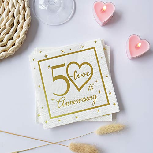 50th Anniversary Cocktail Napkins Gold Foil Print | Golden Wedding Anniversary Celebrations Party Favor Supplies & Decorations | 50-Pack 3-Ply | Folded 5 x 5 Inches Disposable Paper Beverage Napkins