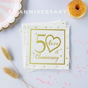 50th Anniversary Cocktail Napkins Gold Foil Print | Golden Wedding Anniversary Celebrations Party Favor Supplies & Decorations | 50-Pack 3-Ply | Folded 5 x 5 Inches Disposable Paper Beverage Napkins