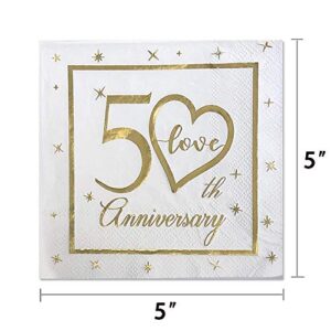 50th Anniversary Cocktail Napkins Gold Foil Print | Golden Wedding Anniversary Celebrations Party Favor Supplies & Decorations | 50-Pack 3-Ply | Folded 5 x 5 Inches Disposable Paper Beverage Napkins