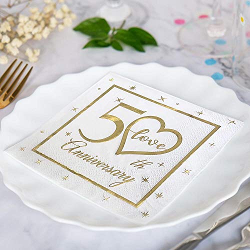 50th Anniversary Cocktail Napkins Gold Foil Print | Golden Wedding Anniversary Celebrations Party Favor Supplies & Decorations | 50-Pack 3-Ply | Folded 5 x 5 Inches Disposable Paper Beverage Napkins