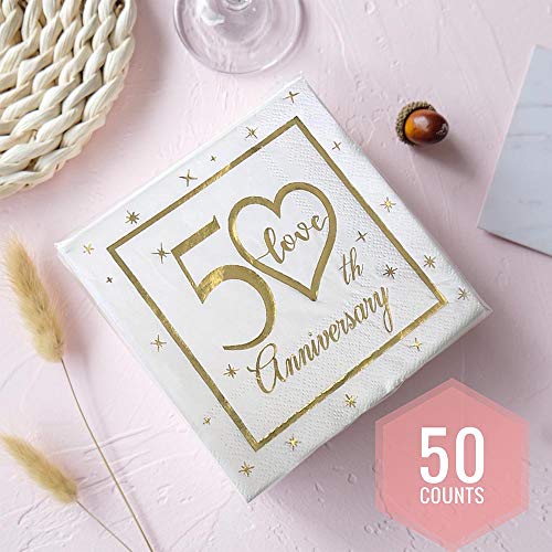 50th Anniversary Cocktail Napkins Gold Foil Print | Golden Wedding Anniversary Celebrations Party Favor Supplies & Decorations | 50-Pack 3-Ply | Folded 5 x 5 Inches Disposable Paper Beverage Napkins