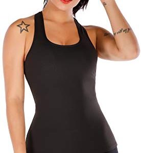 RUNNING GIRL Tank Top for Women, Workout Ribbed Black Sports Bra Racerback Long Tank Tops Loose Fit Plus Size (BX2356 Black.CN:XL,US:L)