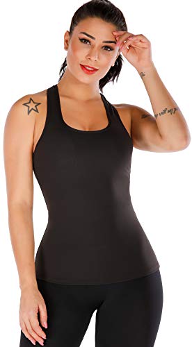 RUNNING GIRL Tank Top for Women, Workout Ribbed Black Sports Bra Racerback Long Tank Tops Loose Fit Plus Size (BX2356 Black.CN:XL,US:L)