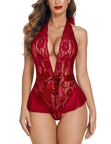 Avidlove Women Lingerie Teddy Deep V Halter One Piece Babydoll Mini Lace Bodysuit Wine Red Medium Wine Red Large