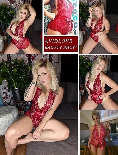 Avidlove Women Lingerie Teddy Deep V Halter One Piece Babydoll Mini Lace Bodysuit Wine Red Medium Wine Red Large