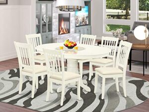 east west furniture avda7-lwh-c 7 piece dining room table set consist of an oval kitchen table with butterfly leaf and 6 linen fabric upholstered dining chairs, 42x60 inch, linen white
