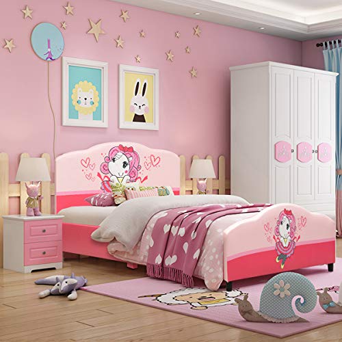 Costzon Twin Bed Frames for Kids, Wood Upholstered Twin Bed Platform with Slat Support, Padded Headboard&Footboard, No Box Spring Needed, Easy Assembly, Fits Standard Twin Mattress (Little Girl)