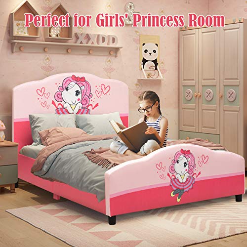 Costzon Twin Bed Frames for Kids, Wood Upholstered Twin Bed Platform with Slat Support, Padded Headboard&Footboard, No Box Spring Needed, Easy Assembly, Fits Standard Twin Mattress (Little Girl)