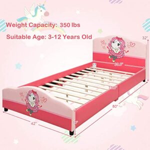 Costzon Twin Bed Frames for Kids, Wood Upholstered Twin Bed Platform with Slat Support, Padded Headboard&Footboard, No Box Spring Needed, Easy Assembly, Fits Standard Twin Mattress (Little Girl)