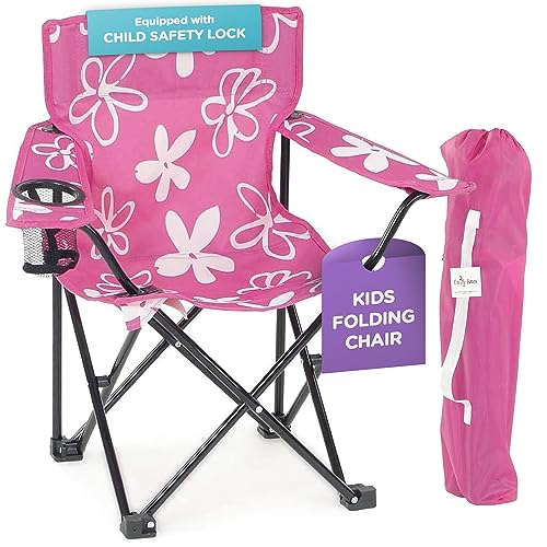 Emily Rose Kids Folding Chair | Pink Kid Beach Chair with Safety Lock- Camping Chair for Girls Toddler with Cup Holder & Carry Case- Tailgate, Travel, Beach, Lawn- for Indoor & Outdoor