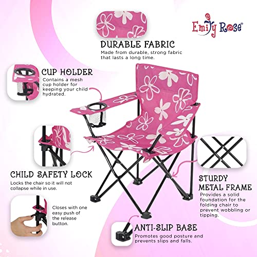Emily Rose Kids Folding Chair | Pink Kid Beach Chair with Safety Lock- Camping Chair for Girls Toddler with Cup Holder & Carry Case- Tailgate, Travel, Beach, Lawn- for Indoor & Outdoor