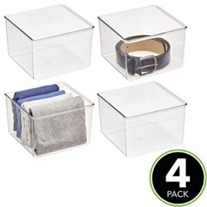 mDesign Plastic Drawer Organizer Square Box, Storage Organizer Bin Container; for Closets, Bedrooms, Use for Leggings, Socks, Ties, Jewelry, Accessories - Lumiere Collection - 4 Pack - Clear