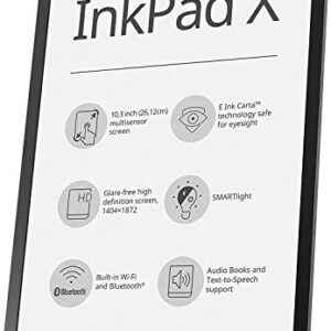 PocketBook InkPad X | E-Book Reader | Large E Ink Screen 10.3ʺ E-Reader | Glare-Free & Eye-Friendly | Adjustable SMARTlight | Text-to-Speech Function | Audio Output and Bluetooth | Audiobooks