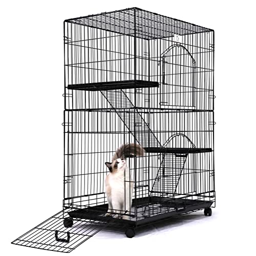 Homey PET INC Folding Wire Cat Ferret Collapsible Foldable Lockable Habitat Crate with Casters,Tray and Hammock, 36", Black