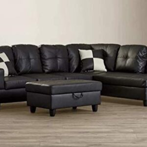 FlashBuy Sofa Sectional Sofa, L-Shape Faux Leather Sectional Sofa Couch Set with Chaise, Ottoman, 2 Toss Pillow Using for Living Room Furniture.（Black）